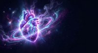 Glowing neon heart with electric energy waves and cosmic particles on dark background for medical and healthcare designs.