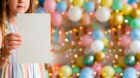 Young girl with light skin tone holding blank white card against colorful balloon backdrop, suitable for birthday invitations, greeting cards, announcements, and festive promotional materials.