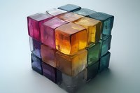 Colorful transparent glass cubes arranged in puzzle formation creating rainbow spectrum effect on neutral background for modern design concepts.