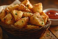 Crispy golden potato wedges seasoned with herbs and spices served in rustic woven basket with dipping sauce, close up view on wooden table. Perfect for food menu.