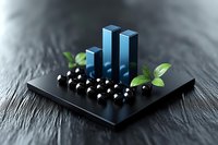 Blue bar graph rising on black plate with fresh blueberries and green leaves, dramatic lighting on dark wooden background, business growth concept.
