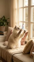 Fluffy cream-colored cat playing with feather toy on sunny windowsill, perfect for pet care, lifestyle, and home decor content.
