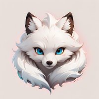 White arctic fox with bright blue eyes and fluffy fur portrait in anime style on light background. Stylized digital art for game character design and fantasy illustrations.