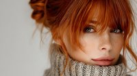 Young redhead woman with freckles wearing cozy knit sweater, natural beauty portrait with soft lighting for lifestyle and fashion content.