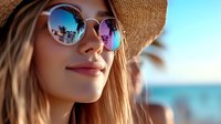 Young woman in straw hat and round sunglasses with tropical palm tree reflection enjoying summer vacation at beach resort.