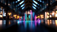 Vibrant neon audio equalizer bars reflecting on glossy surface with bokeh lights and architectural elements creating atmospheric nightclub ambiance.