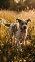 Happy mixed breed dog running through golden grass field during warm sunset light with tongue out and joyful expression in natural outdoor setting.
