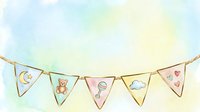 Watercolor bunting garland with teddy bear, moon, hearts, and cloud motifs on pastel background. Suitable for nursery decor, baby shower invitations, greeting cards, and children's design projects.