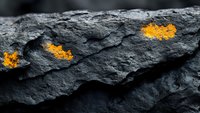 Dark textured stone surface with bright golden yellow lichen patches growing in cracks, creating dramatic natural contrast against rough gray rock formation.