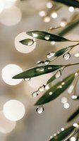 Fresh green leaves with morning dew drops catching sunlight against soft bokeh background, creating dreamy natural macro photography effect.