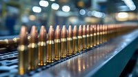 Rows of brass ammunition cartridges lined up on manufacturing production line with selective focus and bokeh background showing industrial process.
