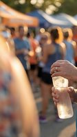 Hand holding cold beverage bottle at outdoor summer festival with blurred crowd and colorful tents in background creating warm bokeh atmosphere.