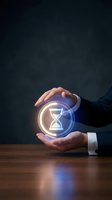 Businessman holding glowing hourglass icon with blue and orange neon light effect on dark background, symbolizing time management and deadline concept for business presentations.