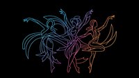 Colorful neon outline dancers in motion on black background. Dynamic ballet and contemporary dance poses with flowing lines for artistic projects.