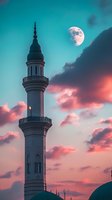 Mosque minaret silhouette against dramatic sunset sky with full moon and colorful clouds for Islamic architecture and spiritual themes.