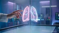 Doctor's hand touching glowing holographic lungs in futuristic medical lab, digital health technology concept for science and healthcare design.