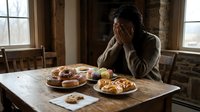Young African American man experiencing stress and overwhelm while sitting at kitchen table with unhealthy junk food, depicting emotional eating and mental health struggles.
