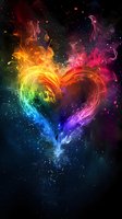 Vibrant rainbow heart made of colorful smoke and light effects against dark cosmic background, suitable for love-themed designs and celebrations.