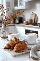 Cozy morning breakfast scene with fresh butter croissants and two cups of latte art coffee on white marble counter. Autumn orange leaves in vase create warm atmosphere in modern kitchen.