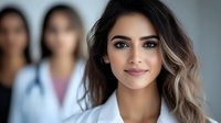 Young female medical professional with ombre hair and confident smile, wearing white coat, with blurred healthcare team members in background. For healthcare marketing.