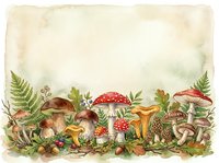 Vintage watercolor illustration of various mushrooms and toadstools with ferns and forest plants on aged paper background, suitable for botanical prints and nature designs.