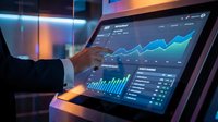 Professional businessman analyzing financial data on interactive touchscreen display with colorful charts and graphs in modern office environment.