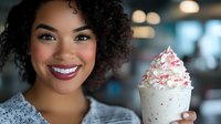 Young African American woman with curly hair smiling while holding creamy dessert with colorful sprinkles in modern cafe setting.