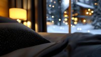Cozy winter evening view from bed with snowy window scene, warm lamp glow and bokeh lights creating peaceful holiday atmosphere.
