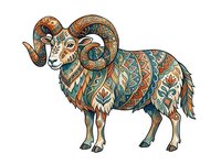 Ornamental ram with intricate geometric patterns and decorative mandala designs in warm earth tones, isolated on white background for design projects.
