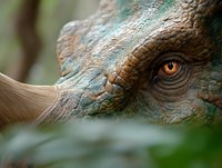 Close-up view of dinosaur eye with detailed scaly skin texture and amber-colored iris against blurred natural background, showing realistic prehistoric creature features.
