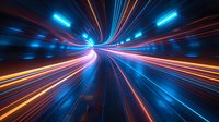 Futuristic light trails in tunnel with dynamic blue and orange streaks creating speed effect, suggesting high-tech motion and digital transportation.