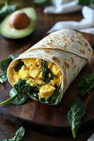 Fresh breakfast burrito filled with scrambled eggs, spinach leaves, and wrapped in grilled flour tortilla on wooden board with avocado in background.