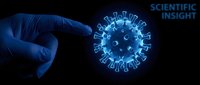 Blue gloved hand reaching toward glowing coronavirus particle with spike proteins in dark medical laboratory setting for scientific research.