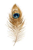 Golden peacock feather with blue eye spot and glitter accents, isolated on white background. Perfect for design, fashion, and decorative projects.