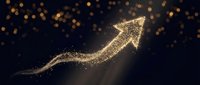 Upward trending arrow made of golden particles and sparkles on dark background, symbolizing growth, success, and financial progress for business presentations.