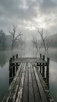 Misty lake with wooden dock and bare trees creating moody atmospheric landscape for meditation and tranquility concepts.