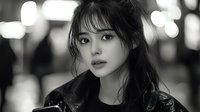 Young Asian woman with bangs and long dark hair in black leather jacket against blurred city lights background, monochrome portrait capturing dreamy expression.