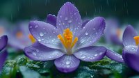 Purple crocus flower with water droplets in rain, showcasing delicate petals and vibrant yellow stamens against blurred floral background.