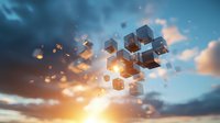 Floating metallic cubes exploding in dramatic sunset sky with glowing particles and light beams breaking through clouds, creating futuristic abstract composition.