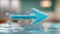 Transparent blue water arrow with droplets floating above rippling surface in modern interior setting for business and direction concepts.