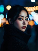 Young Asian woman in dark coat against blurred city lights background, dramatic night portrait with red lipstick and soft bokeh effect.