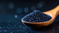 Black caviar on wooden spoon against dark background with bokeh lights and scattered salt crystals, luxury gourmet food styling for restaurant menu and advertising.
