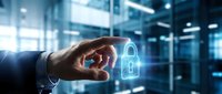 Businessman hand protecting glowing digital padlock icon in modern server room representing cybersecurity data protection and network safety solutions.