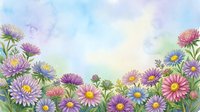 Watercolor wildflowers border with purple, pink and blue asters on soft pastel background, copy space for greeting cards or invitations.