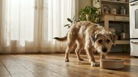 Senior mixed breed dog with tan and white coat eating from bowl in bright home interior with wooden floor and shelving.
