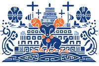 Decorative folk art composition with stylized blue fox against geometric temple background featuring ornamental patterns and symmetrical design elements.
