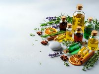Natural essential oils in glass bottles with fresh herbs, spices and dried citrus on white background for aromatherapy and wellness treatments.