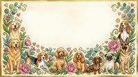 Adorable dogs of various breeds sitting together in decorative floral border frame with roses and leaves on cream background for pet lover designs.