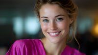Young Caucasian woman with bright genuine smile wearing vibrant pink blouse against dark blurred background, natural makeup and casual updo hairstyle for business or lifestyle content.