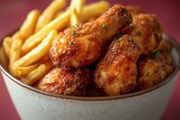 Crispy glazed chicken wings with french fries in white ceramic bowl, garnished with fresh herbs. Golden-brown wings coated in sweet and savory sauce, served as appetizer.